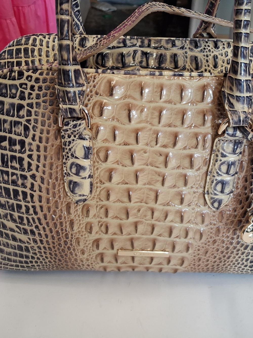 Brahmin Croc-Embossed Beige Satchel Handbag